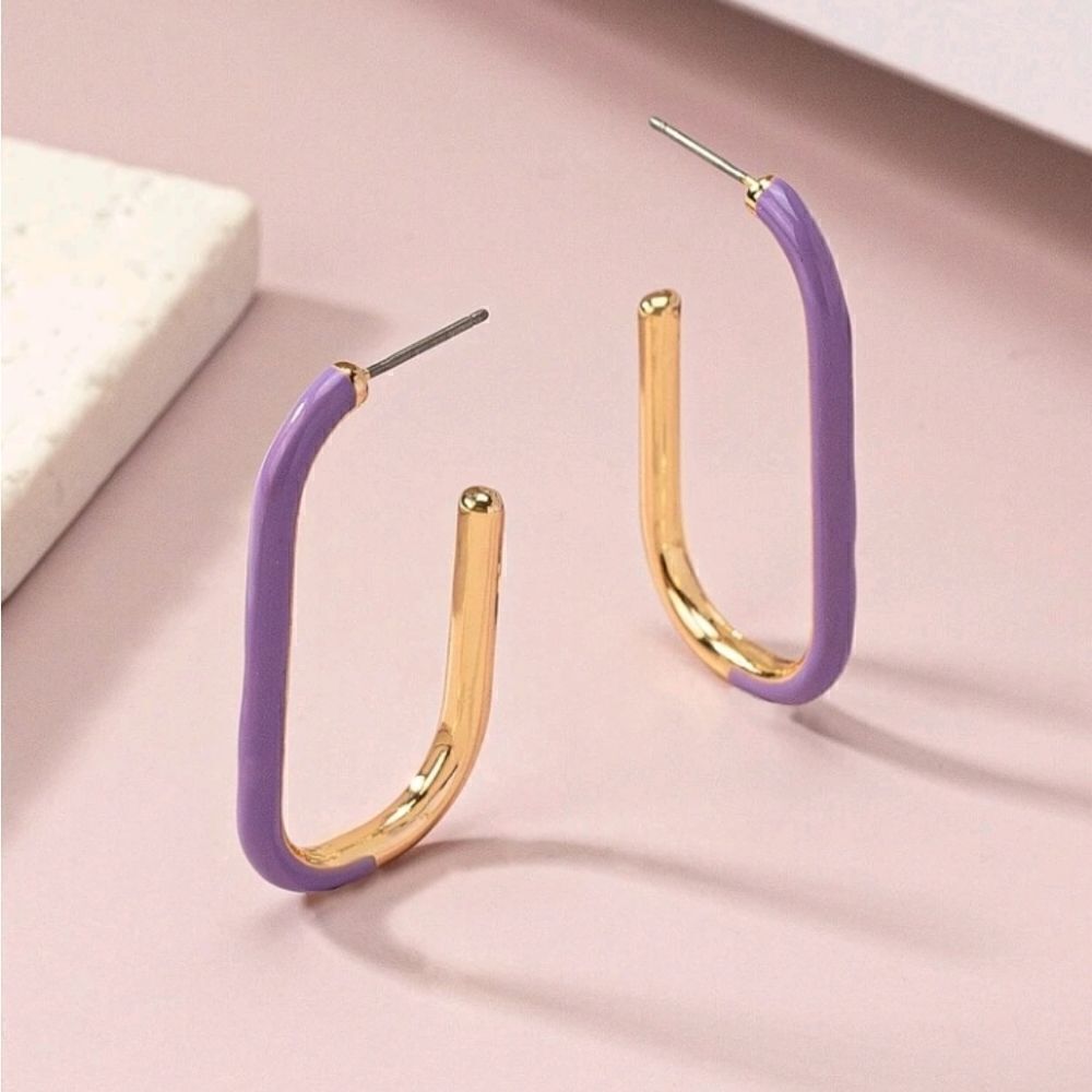 Purple & Gold Minimalist Oval Hoop Earrings Dainty Style